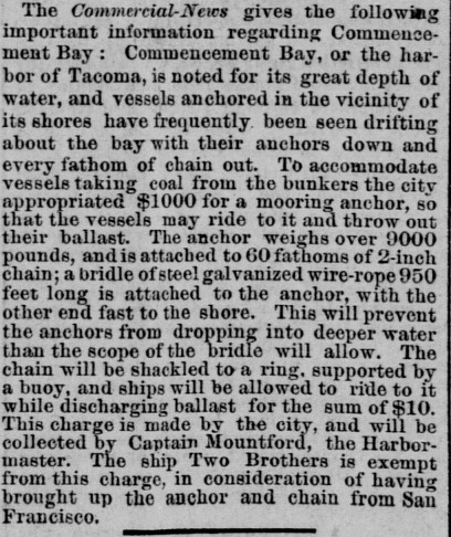 Tacoma Anchorage 1884 for Coal Trade